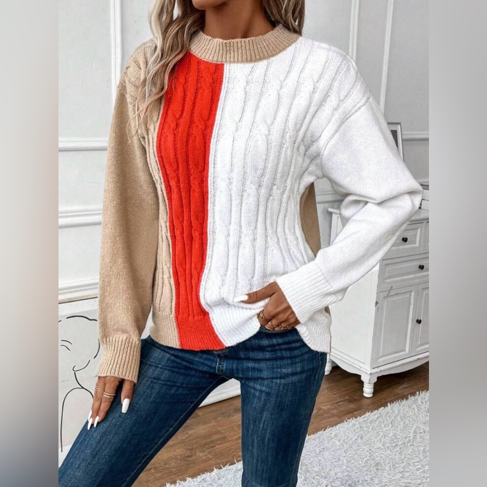 Women’s Small Color Block Cable Knit Drop Shoulder Sweater
